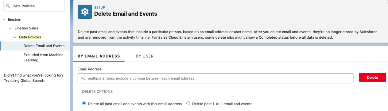 salesforce einstein activity capture data policies delete email and events.