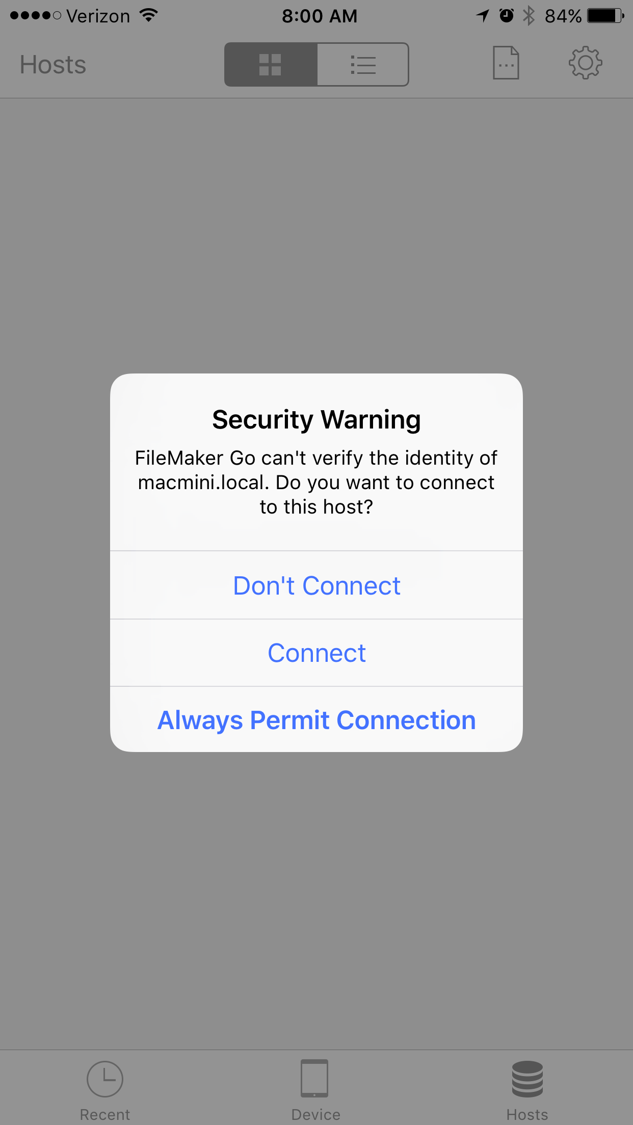 FileMaker Go Security Connection Warning